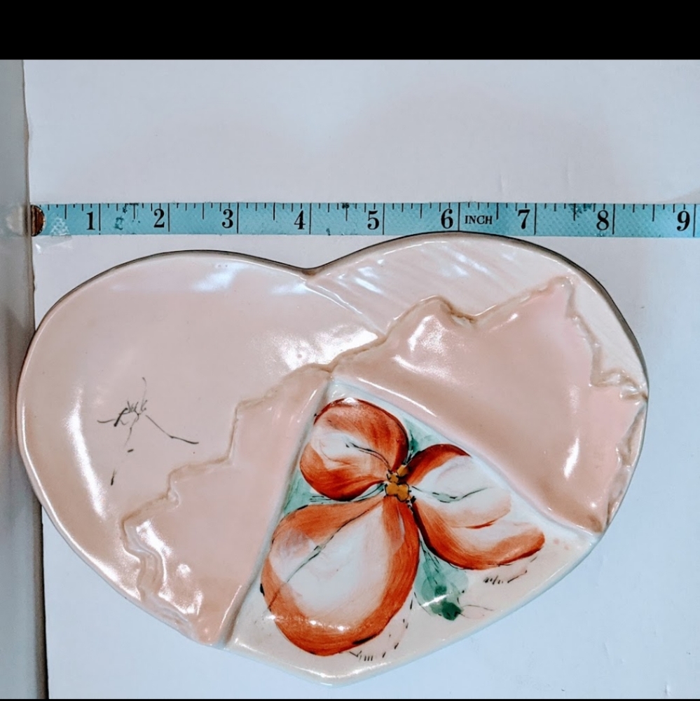 Barbara Baatz Signed Original Heart Ceramic Plate Dish Decor Design Pink Floral - Picture 6 of 7